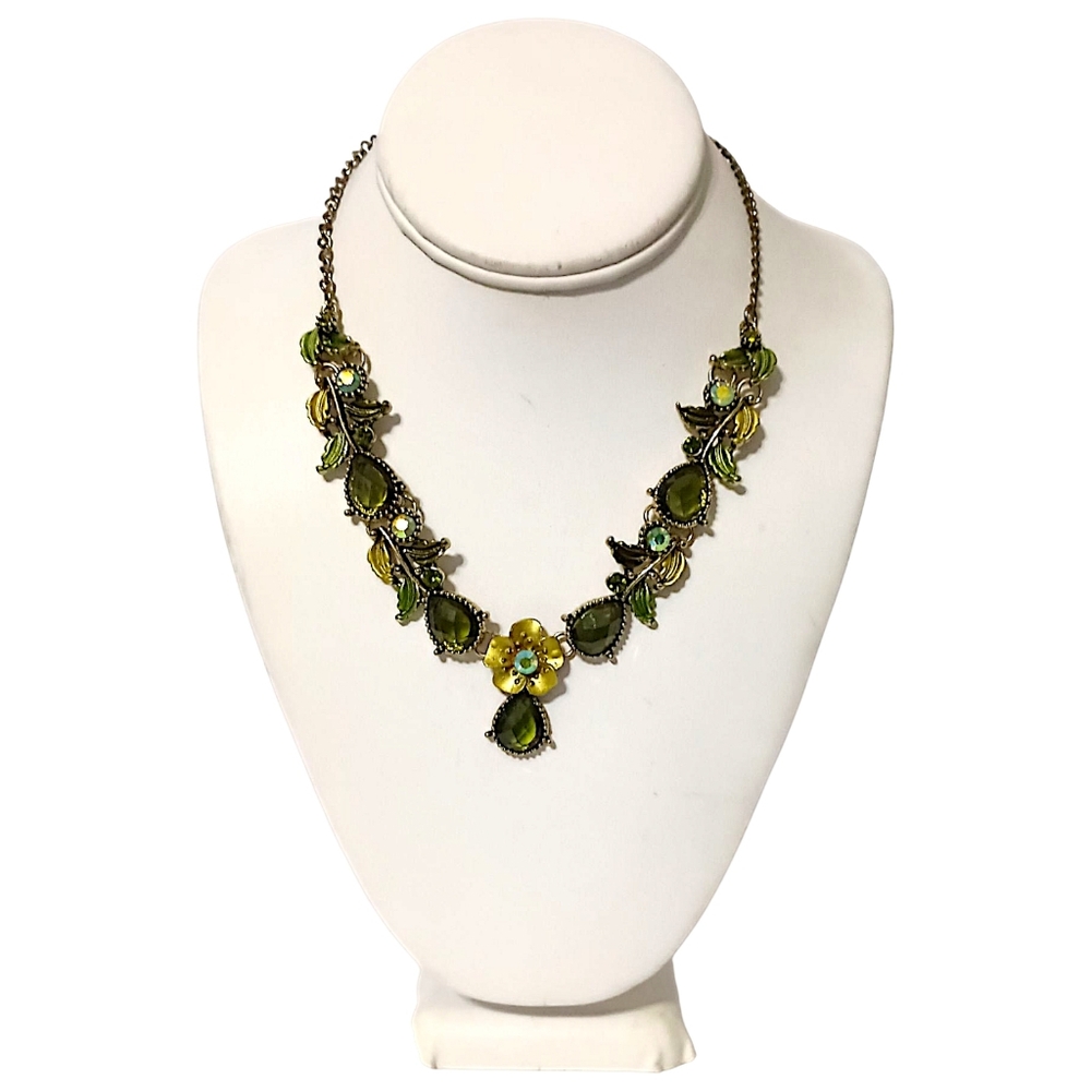 Vintage Rhinestone Floral Leaf Necklace Y Drop Green Gold MCM Fairy‎ Whimsigoth - Picture 8 of 16